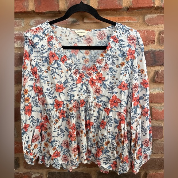 Lucky Brand Tops - Lucky Brand Floral Peasant Blouse - White with Coral & Navy